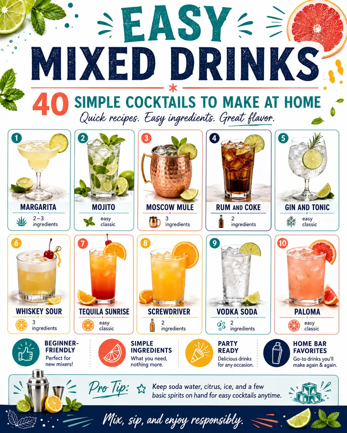 Easy Mixed Drinks: 40 Simple Cocktails to Make at Home