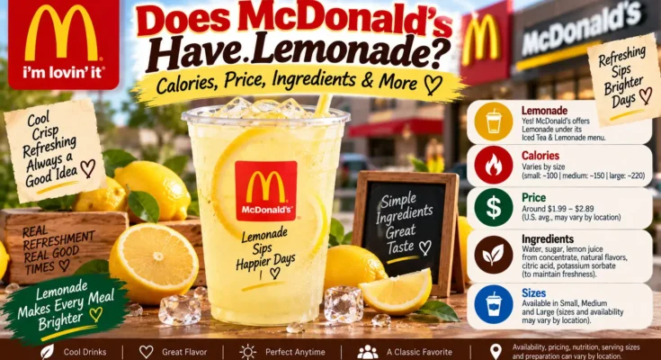 # Does McDonald's Have Lemonade? Calories, Price, Ingredients & More **Meta Title:** Does McDonald's Have Lemonade? Calories, Price & More **Meta Description:** Does McDonald's have lemonade? Learn about current sizes, calories, ingredients, sugar, caffeine, price, Refreshers, and ordering tips. **Feature Image Prompt:** A realistic clear cup of McDonald's lemonade filled with ice on a fast-food table, bright yellow drink with visible lemon pulp, natural summer daylight, lemon slices nearby. **Alt Text:** McDonald's lemonade with ice and lemon pulp served in a clear cup **Caption:** McDonald's Lemonade is a sweet-tart citrus drink made with real lemon juice, lemon pulp, and cane sugar. **Description:** Wondering whether McDonald's serves lemonade? This guide covers the current U.S. menu, sizes, calories, ingredients, sugar, caffeine, pricing, Refreshers, and practical ordering tips. You'll also see how McDonald's Lemonade compares with other popular drink choices. ## Introduction If you're wondering **does McDonald's have lemonade**, yes. **McDonald's currently lists Lemonade on its U.S. menu**, alongside Sweet Tea and Unsweetened Iced Tea. The Lemonade page lists **Small, Medium, and Large** sizes, and the current Small listing contains **120 calories**. The drink is made with **real lemon juice, bits of lemon pulp, and real cane sugar**. This guide breaks down the current menu, nutrition, ingredients, caffeine question, price considerations, lemonade-based Refreshers, and the easiest way to choose your drink. ### Quick Answer **Yes, McDonald's has Lemonade in the U.S.** The current menu lists it in the **Iced Tea & Lemonade** section, with Small, Medium, and Large size options. ### TL;DR * **McDonald's currently serves Lemonade** in the U.S. * The drink contains **real lemon juice and lemon pulp**. * **Real cane sugar** provides the sweetness. * A current Small lists **120 calories**. * McDonald's lists **Small, Medium, and Large**. * **Refreshers are different** and contain caffeine. * Prices can vary by restaurant and ordering method. * Check the selected restaurant for the latest menu details. ## Does McDonald's Have Lemonade Right Now? Yes, **Lemonade is currently on the McDonald's U.S. menu**. It appears under **Iced Tea & Lemonade**, where McDonald's also lists Sweet Tea and Unsweetened Iced Tea. This is important because the plain Lemonade should not be confused with the newer lemonade-based Refreshers. They are separate menu drinks with different ingredients and caffeine information. * **Lemonade** is a standalone menu drink. * It is listed under **Iced Tea & Lemonade**. * **Sweet Tea** is listed separately. * **Unsweetened Iced Tea** is also listed separately. * Lemonade is available in **Small, Medium, and Large**. * McDonald's offers Lemonade through participating restaurants. * The app can show the menu for your selected location. * Delivery pricing can be higher than restaurant pricing. ## What Is McDonald's Lemonade Made Of? McDonald's describes its signature Lemonade as a combination of **real lemon juice, bits of lemon pulp, and real cane sugar**. That gives it a sweet citrus flavor with some pulp texture. The description is useful because it tells you what McDonald's itself highlights about the recipe. It does not mean the drink is squeezed fresh to order inside each restaurant. ### Key Ingredients * **Real lemon juice** provides the main citrus flavor. * **Lemon pulp** adds small pieces of citrus texture. * **Real cane sugar** supplies the sweetness. * **Water** makes up the liquid base. * **Ice** is part of the standard fountain serving. * The drink is served cold. McDonald's notes that its nutrition information is based on standard formulations and serving sizes. It also warns that regional, seasonal, preparation, and supply differences can affect nutrition values. ## McDonald's Lemonade Sizes and Calories McDonald's currently provides **Small, Medium, and Large** options for Lemonade. The official product page currently shows **120 calories for a Small Lemonade**. The safest way to check the exact nutrition for the size you're ordering is McDonald's current menu or nutrition calculator. McDonald's says its nutrition information is based on standard product formulations and serving sizes, while beverage sizes can vary by market. | Size | Current official listing | What to know | | ---------- | --------------------------: | ------------------------------------------- | | **Small** | **120 calories** | Confirmed on the current U.S. Lemonade page | | **Medium** | Check current local listing | Nutrition can vary with serving details | | **Large** | Check current local listing | Confirm through the current McDonald's menu | **Important:** McDonald's explains that fountain beverage calories are calculated using standard fill levels plus ice. Self-service fountain information can differ when calories are shown without ice. ### How to Check the Latest Nutrition McDonald's provides nutrition and ingredient information through its website and app. In the app, you can open a menu item and view its available nutrition and ingredient information. ## How Much Sugar Is in McDonald's Lemonade? **McDonald's Lemonade is a sweetened beverage.** The company specifically identifies **real cane sugar** as an ingredient, so it is not the same type of drink as Unsweetened Iced Tea. The exact nutrition numbers should be checked against the current selected size because McDonald's says its nutrition values can vary with serving size, formulation, preparation, and regional factors. If sugar is important when choosing a drink, compare the Lemonade listing with **Unsweetened Iced Tea** in the current McDonald's nutrition information. ## What Does McDonald's Lemonade Taste Like? **McDonald's Lemonade has a sweet-tart citrus profile** rather than the flavor of plain water or unsweetened tea. The real lemon juice supplies the citrus character, while cane sugar makes the drink noticeably sweet. The **lemon pulp** also gives it a slightly different texture from completely smooth lemonade. Served over ice, it works as a cold, straightforward citrus drink with a familiar fast-food flavor. ### What to Expect * **Flavor:** bright lemon and noticeable sweetness * **Texture:** mostly liquid with small bits of lemon pulp * **Temperature:** served cold over ice * **Sweetness:** clearly sweetened * **Best match:** savory and salty meals * **Style:** classic restaurant fountain lemonade ## Is McDonald's Lemonade Fresh? McDonald's says its Lemonade recipe includes **real lemon juice and bits of lemon pulp**. However, the company does not describe the standard restaurant drink as lemonade that is squeezed fresh to order. So, **real lemon juice does not automatically mean freshly squeezed lemonade**. If you want fresh-squeezed lemonade prepared directly from whole lemons, a dedicated lemonade shop or homemade recipe is a different experience. The most accurate description is a **standardized McDonald's beverage made with the ingredients listed by the company**. ## Is McDonald's Lemonade Caffeine-Free? The plain **McDonald's Lemonade is separate from the chain's Refreshers**. McDonald's specifically says its Refreshers contain caffeine, while Lemonade appears separately in the Iced Tea & Lemonade section. If you're avoiding caffeine, pay attention to the exact drink name. A **Lemonade-based Refresher is not the same drink as plain Lemonade**. ### Plain Lemonade vs. Refreshers | Drink | Lemonade-based | Caffeine | | -------------------------------------- | ------------------------------ | --------------------------------------------------- | | **McDonald's Lemonade** | No added Refresher ingredients | Not identified by McDonald's as a caffeinated drink | | **Strawberry Watermelon Refresher** | Yes | **Yes** | | **Mango Pineapple Refresher** | Yes | **Yes** | | **Blackberry Passion Fruit Refresher** | Yes | **Yes** | McDonald's current specialty-drink pages describe the Refreshers as lemonade-based and caffeinated. ## Does McDonald's Have Strawberry Lemonade? **Plain Strawberry Lemonade is not listed as a standard nationwide U.S. drink on the current McDonald's menu.** The current menu instead lists Lemonade separately and offers fruit-flavored Refreshers. One important related option is the **Strawberry Watermelon Refresher**. McDonald's describes it as strawberry and watermelon flavors mixed with tangy Lemonade, served over ice with freeze-dried strawberries. It also contains caffeine. So if you're searching for a **McDonald's strawberry lemonade**, the closest current menu match is a lemonade-based Refresher rather than a standard strawberry lemonade. ## What McDonald's Drinks Use Lemonade? McDonald's expanded its U.S. specialty drink lineup in 2026 with three Refreshers that use lemonade as a base. The company announced the nationwide launch for **May 6, 2026**. ### Strawberry Watermelon Refresher This drink combines **strawberry and watermelon flavors with Lemonade**, ice, and freeze-dried strawberries. McDonald's says it contains caffeine. ### Mango Pineapple Refresher The **Mango Pineapple Refresher** combines mango and pineapple flavors with tangy Lemonade, ice, and strawberry popping boba. McDonald's also offers a water substitution for a less citrus-forward version. ### Blackberry Passion Fruit Refresher The **Blackberry Passion Fruit Refresher** combines blackberry and passion fruit with Lemonade, ice, and freeze-dried dragon fruit. McDonald's identifies it as caffeinated. ### The Key Difference If you want a **simple lemon drink**, choose plain Lemonade. If you want **fruit flavors plus caffeine**, look at the Refreshers instead. That distinction is one of the most useful things to know when ordering from the current McDonald's drinks menu. ## McDonald's Lemonade vs. Sweet Tea vs. Unsweetened Iced Tea McDonald's currently groups **Lemonade, Sweet Tea, and Unsweetened Iced Tea** in the same Iced Tea & Lemonade category. They are separate drinks, so your choice mainly comes down to flavor and sweetness preference. | Drink | Main flavor | Sweetened? | Lemon-forward? | | ------------------------ | ---------------- | ---------- | -------------- | | **Lemonade** | Sweet citrus | Yes | **Yes** | | **Sweet Tea** | Sweet brewed tea | Yes | No | | **Unsweetened Iced Tea** | Brewed tea | No | No | ### Choose Lemonade If * You want a **sweet citrus flavor**. * You enjoy tart lemon notes. * You want a simple cold fountain drink. * You prefer lemonade to brewed tea. ### Choose Unsweetened Iced Tea If * You prefer a tea flavor. * You don't want the sweetness of Lemonade. * You want a simpler unsweetened beverage option. ### Choose Sweet Tea If * You specifically like sweet brewed tea. * You want tea flavor rather than lemon flavor. ## How Much Does McDonald's Lemonade Cost? There is **no single nationwide McDonald's Lemonade price** that applies to every U.S. restaurant. Prices can vary by location, franchise, ordering channel, promotions, and delivery service. McDonald's itself warns that **delivery prices may be higher than restaurant prices**, with delivery and other fees potentially added. For the most accurate current price, select your restaurant in the McDonald's app before ordering. ### Why Prices Vary * Restaurant location * Franchise pricing * Size selected * In-store versus delivery ordering * Local promotions * Delivery fees * Taxes * Temporary menu offers Because of these differences, a fixed nationwide price is less useful than the price shown for your selected McDonald's. ## Is McDonald's Lemonade Available All Year? **Lemonade is currently part of the U.S. McDonald's drinks menu**, rather than being presented on the current menu as a seasonal lemonade-only item. The current full menu lists Lemonade alongside Sweet Tea and Unsweetened Iced Tea. However, McDonald's also notes that some menu items can be regional and that participating locations can differ. Your local restaurant's menu is therefore the best final check. ## Is McDonald's Lemonade a Good Choice for Your Meal? There isn't one right drink for every order. Lemonade makes sense when you want a **sweet, tart contrast** to a savory meal. Its citrus flavor can work especially well with salty or crispy foods because the drink provides a brighter flavor alongside the meal. ### Good Pairings * **World Famous Fries** for a salty-and-citrus contrast * **McNuggets** for a sweet-tart drink alongside savory chicken * **McChicken** for a simple fast-food pairing * **Big Mac** when you want something brighter than cola * **Spicy menu items** when you enjoy sweet citrus with heat * **Summer meals** when a cold lemonade fits the occasion The pairing is ultimately a taste preference, but **sweet lemonade and savory food** are a straightforward combination. ## How to Order McDonald's Lemonade Ordering is simple, but checking the current restaurant first can prevent surprises. ### In the McDonald's App 1. Open the **McDonald's app**. 2. Select your preferred restaurant. 3. Open the drinks section. 4. Choose **Lemonade**. 5. Select the available size. 6. Review the current nutrition information. 7. Check the displayed price. 8. Choose pickup or available delivery options. McDonald's says its app provides access to product nutrition and ingredient information, including a **Nutrition & Ingredients** section for available menu items. ### In the Restaurant You can simply ask for **Lemonade** and choose the available size. If nutrition or allergen information matters to you, check the current McDonald's product information before ordering. ## McDonald's Lemonade Ingredients and Allergy Information McDonald's identifies **real lemon juice, lemon pulp, and real cane sugar** in its Lemonade description. For the most complete current ingredient and allergen information, McDonald's directs customers to its product information and app. People with food allergies should be especially careful. McDonald's explains that normal restaurant operations can involve shared preparation areas, equipment, and utensils, creating a possibility of cross-contact with allergens. **Do not rely on a general online article for allergy decisions.** Check the current McDonald's ingredient and allergen information for the exact product and location, and seek professional medical guidance when needed. ## Can You Make McDonald's-Style Lemonade at Home? Yes. You can make a simple **McDonald's-style lemonade** at home using the same broad flavor idea: lemon juice, water, cane sugar, and optional lemon pulp. This is **not McDonald's official recipe**. It's a homemade version designed to create a similar sweet-tart profile. ### Ingredients * **1 cup fresh lemon juice** * **4 cups cold water** * **¾ cup granulated sugar** * **1–2 tablespoons lemon pulp** * Ice * Lemon slices for serving ### Method 1. Combine the sugar with about **1 cup of water**. 2. Stir until the sugar dissolves. 3. Add the lemon juice. 4. Pour in the remaining water. 5. Stir in the optional lemon pulp. 6. Taste and adjust the sweetness or lemon flavor. 7. Chill before serving. 8. Pour over ice and garnish with lemon. ### Easy Variations * Use less sugar for a more tart drink. * Add extra pulp for more texture. * Add sparkling water for carbonation. * Use lemon slices for a stronger visual presentation. * Chill the lemonade before adding ice to reduce dilution. ### Storage Keep homemade lemonade **covered and refrigerated**. Stir before serving if pulp settles at the bottom. ## What Is the Difference Between McDonald's Lemonade and a Refresher? The easiest distinction is **simplicity versus added flavor and caffeine**. McDonald's Lemonade is the straightforward citrus drink made with lemon juice, pulp, and cane sugar. The Refreshers build on lemonade with fruit flavors and other inclusions, and McDonald's identifies them as caffeinated. | Feature | Lemonade | Refreshers | | ------------- | ----------------------------- | --------------------------------------------- | | Lemonade | **Yes** | **Yes, in current lemonade-based Refreshers** | | Fruit flavors | No | **Yes** | | Caffeine | Not identified as caffeinated | **Yes** | | Lemon pulp | Part of the Lemonade recipe | Depends on the Refresher | | Best for | Simple citrus flavor | Fruity, more complex flavor | This comparison is especially useful if you're deciding between **McDonald's Lemonade** and a newer **McDonald's Refresher**. ## FAQs ### Does McDonald's have lemonade right now? **Yes.** McDonald's currently lists Lemonade on its U.S. drinks menu under **Iced Tea & Lemonade**. The current product page offers Small, Medium, and Large size selections. ### How many calories are in McDonald's Lemonade? The current McDonald's U.S. product page lists **120 calories for a Small Lemonade**. McDonald's notes that nutrition values can vary with serving size, preparation, regional differences, and formulation changes. ### What is in McDonald's Lemonade? McDonald's describes its Lemonade as containing **real lemon juice, bits of lemon pulp, and real cane sugar**. The drink is served cold over ice. ### Does McDonald's Lemonade have caffeine? McDonald's separates plain Lemonade from its Refreshers on the current menu. The company specifically states that **Refreshers contain caffeine**, while plain Lemonade is listed separately. ### Does McDonald's have strawberry lemonade? McDonald's current U.S. menu does not list a standard standalone **Strawberry Lemonade**. It does offer a **Strawberry Watermelon Refresher** made with lemonade, strawberry, watermelon, and freeze-dried strawberries, and that Refresher contains caffeine. ### Can I get McDonald's Lemonade through the app? Yes. McDonald's says Lemonade can be ordered through its app and McDelivery at participating locations. The app also provides access to available nutrition and ingredient information. ### Is McDonald's Lemonade made with real lemons? McDonald's says its recipe includes **real lemon juice and bits of lemon pulp**. That does not mean the lemonade is freshly squeezed to order at each restaurant. ### Does McDonald's have lemonade Refreshers? Yes. McDonald's current U.S. menu includes **Strawberry Watermelon Refresher, Mango Pineapple Refresher, and Blackberry Passion Fruit Refresher**. The company describes these Refreshers as lemonade-based and caffeinated. ## Conclusion So, **does McDonald's have lemonade? Yes.** The current U.S. menu lists **Lemonade** as a standard drink, with Small, Medium, and Large options. McDonald's describes the recipe as containing real lemon juice, lemon pulp, and real cane sugar, while the current Small listing shows **120 calories**. If you want a simple citrus drink, plain **McDonald's Lemonade** is the straightforward choice. If you'd rather have fruit flavors and caffeine, compare it with the current lemonade-based **McDonald's Refreshers** before ordering. For the latest price, size availability, nutrition, and ingredients, check the specific restaurant in the McDonald's app.